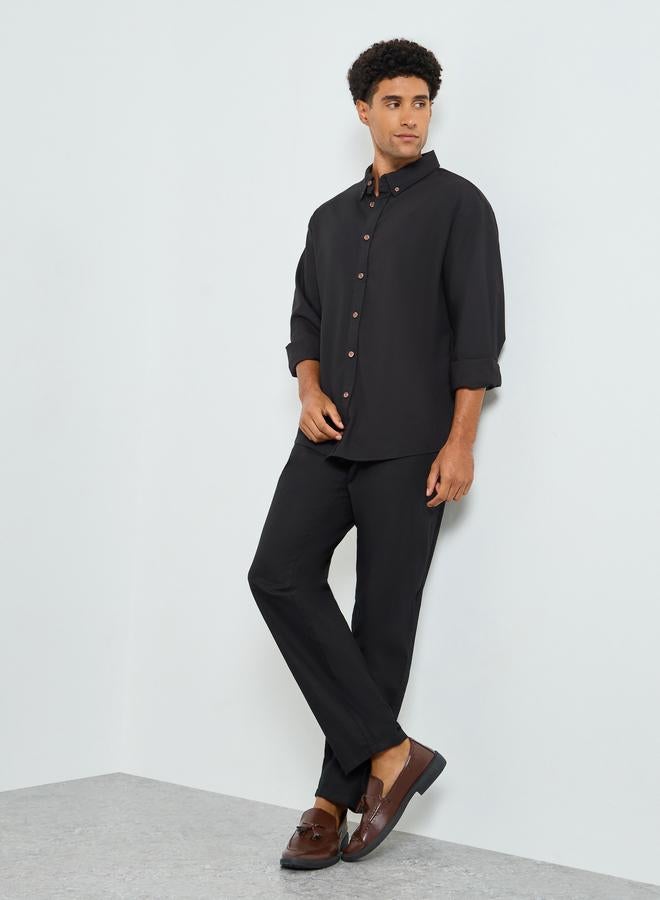 Styli Men Black Pleated Tapered Linen Trousers - Image 1
